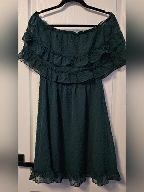 Off-Shoulder Dark Green Ruffle Mini Dress